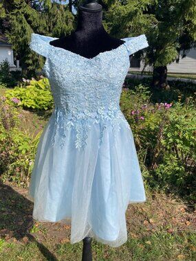 Vintage Y2K Style Mini Dress Corset Back Mesh Tulle Lace Pale Blue Fairy L Hoco